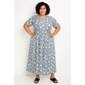 Beyond This Plane Womens Plus Sz 1X Rounded Neckline Maxi Dress Blue-Grey Floral